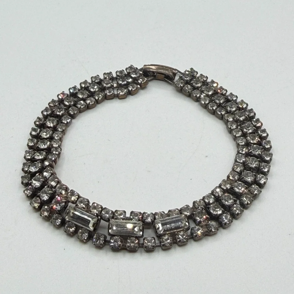 Clear Rhinestone Silver Tone Multi Row Bracelet Baguette Statement Bridal Gift